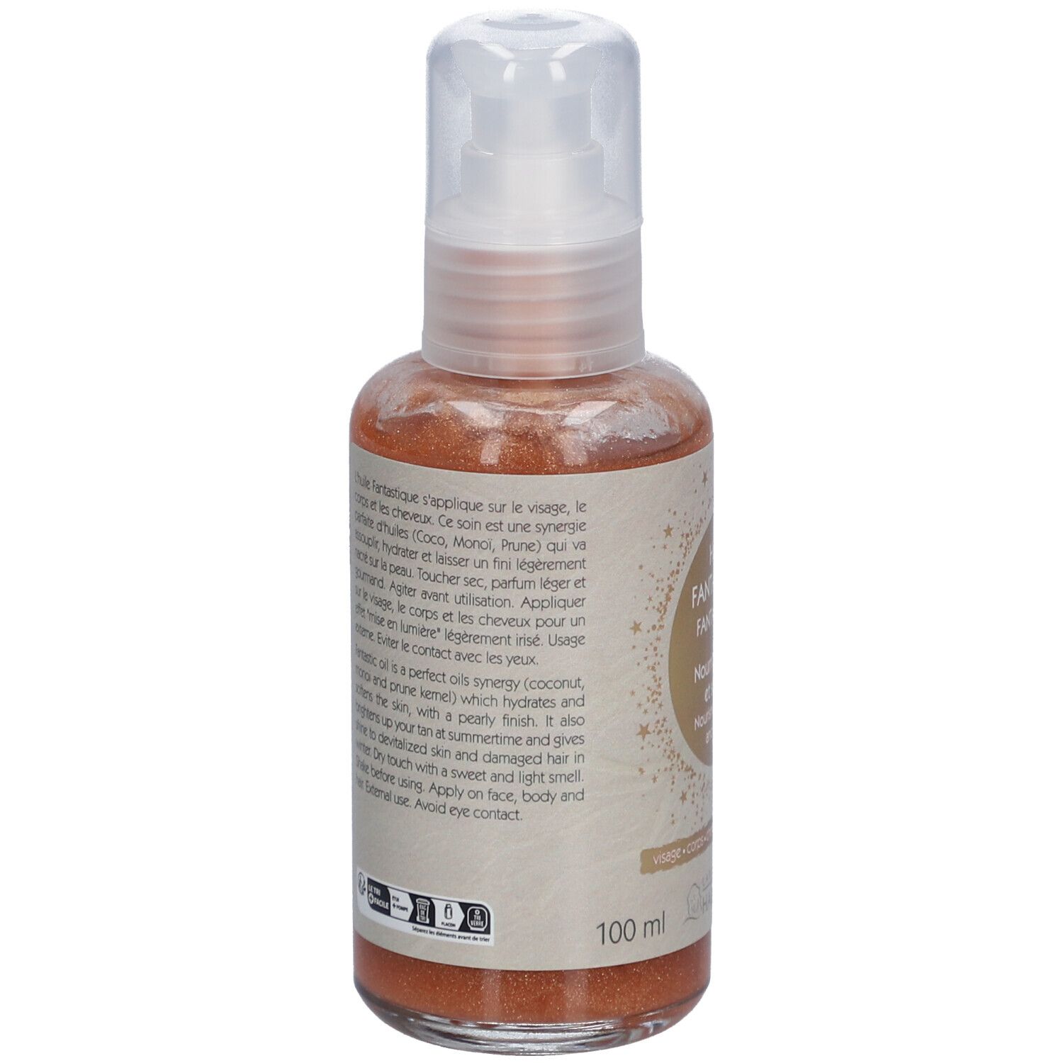 Achterkant van de oliefles. Franse tekst. Merk: Laboratoire du Haut-Ségala. 100 ml.
