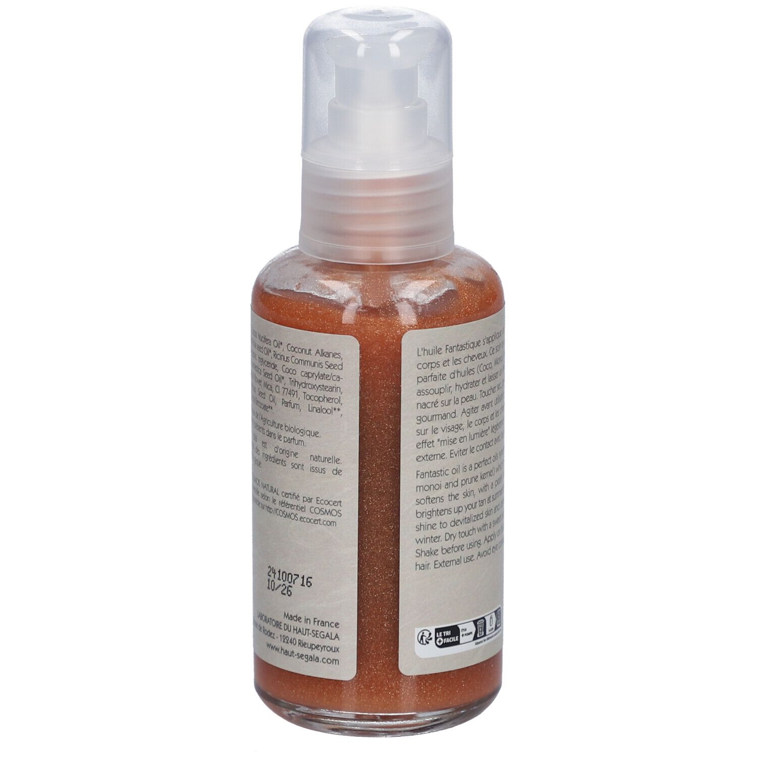 Achterkant van de oliefles. Franse tekst. Merk: Laboratoire du Haut-Ségala. 100 ml.