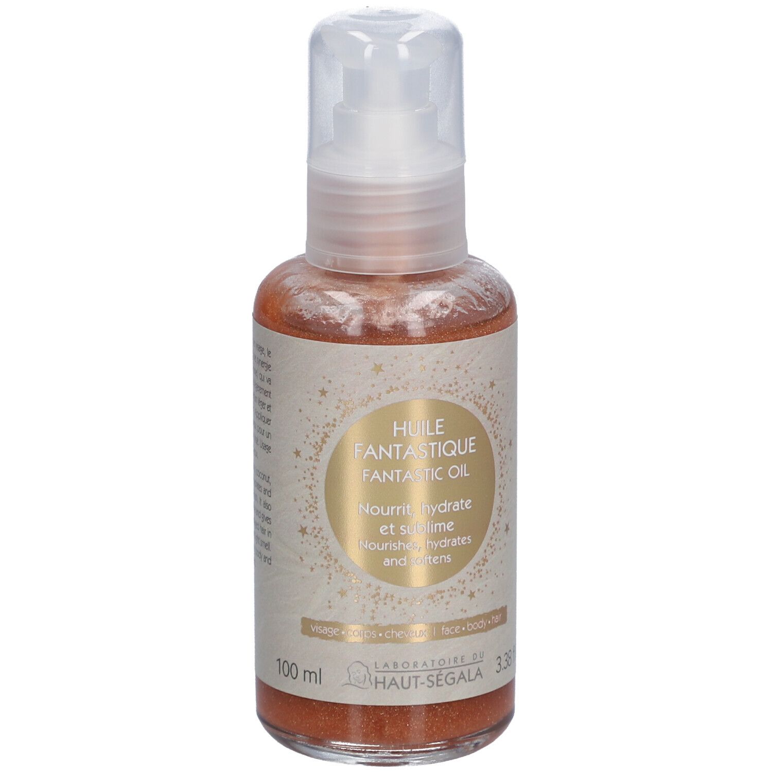 Lichaamsolie fles met verstuiver. Gouden etiket met tekst. Merk: Laboratoire du Haut-Ségala. 100 ml.