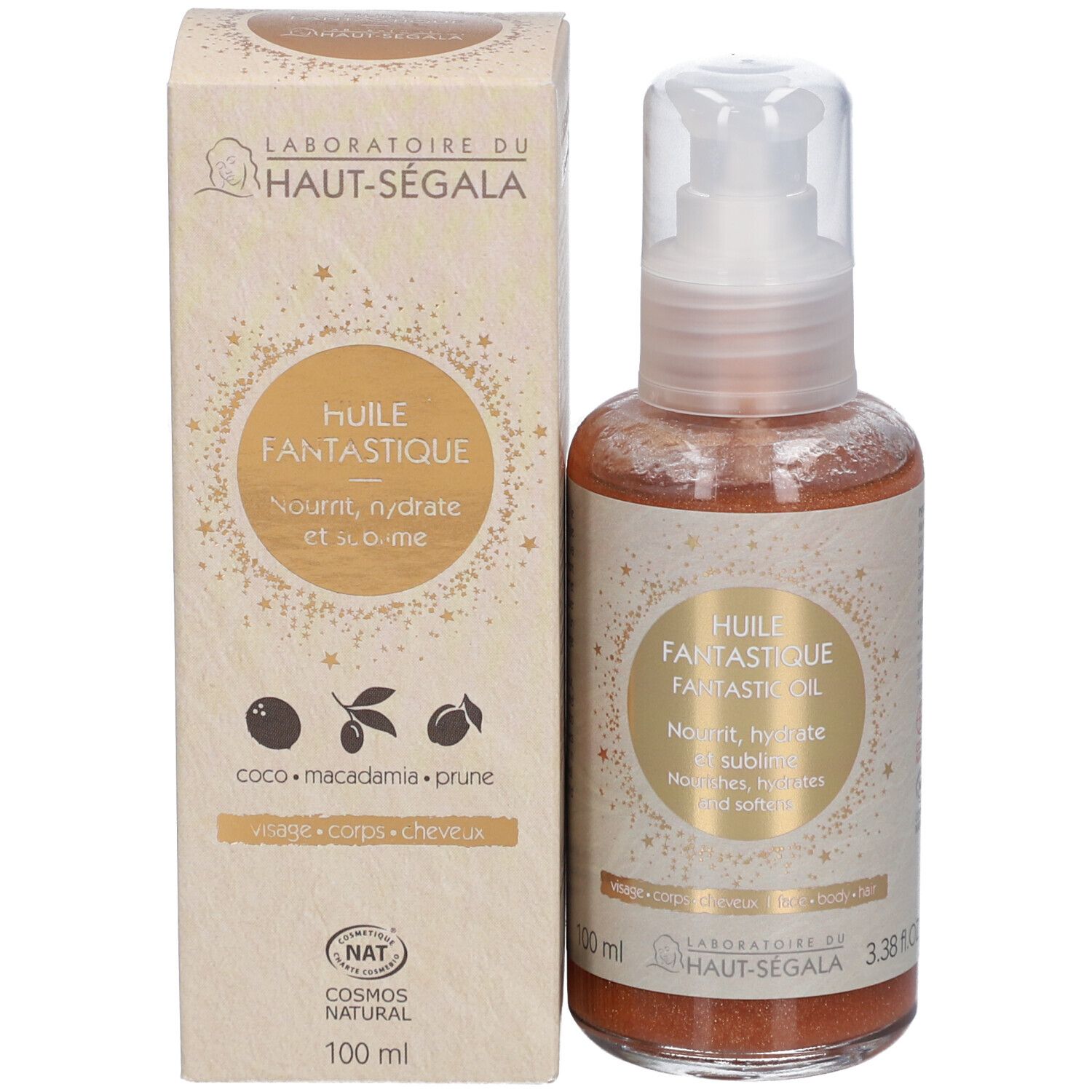 Oliefles en verpakking. Verpakking met tekst en logo. Merk: Laboratoire du Haut-Ségala. 100 ml.