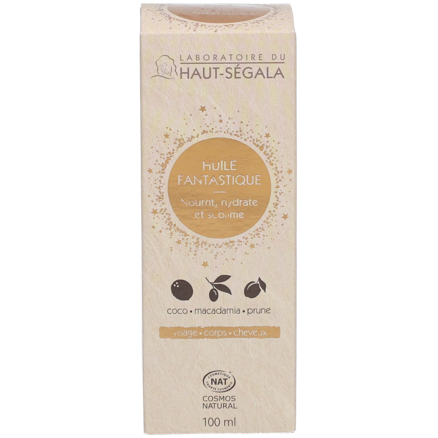 Verpakking met tekst en logo. Merk: Laboratoire du Haut-Ségala. 100 ml. COSMOS NATURAL certificering.