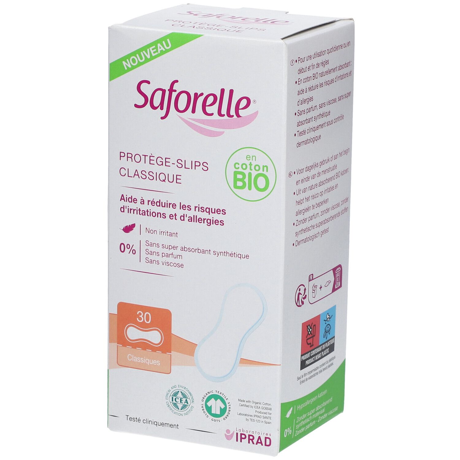 Boîte de Saforelle Protège-Slip Classique BIO. 30 unités. Coton bio. Aide à réduire irritations et allergies.