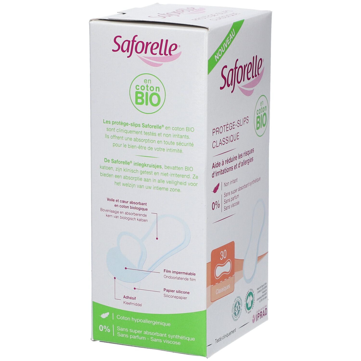 Boîte Saforelle Protège-Slip Classique BIO. Illustration produit et ingrédients. Coton bio.