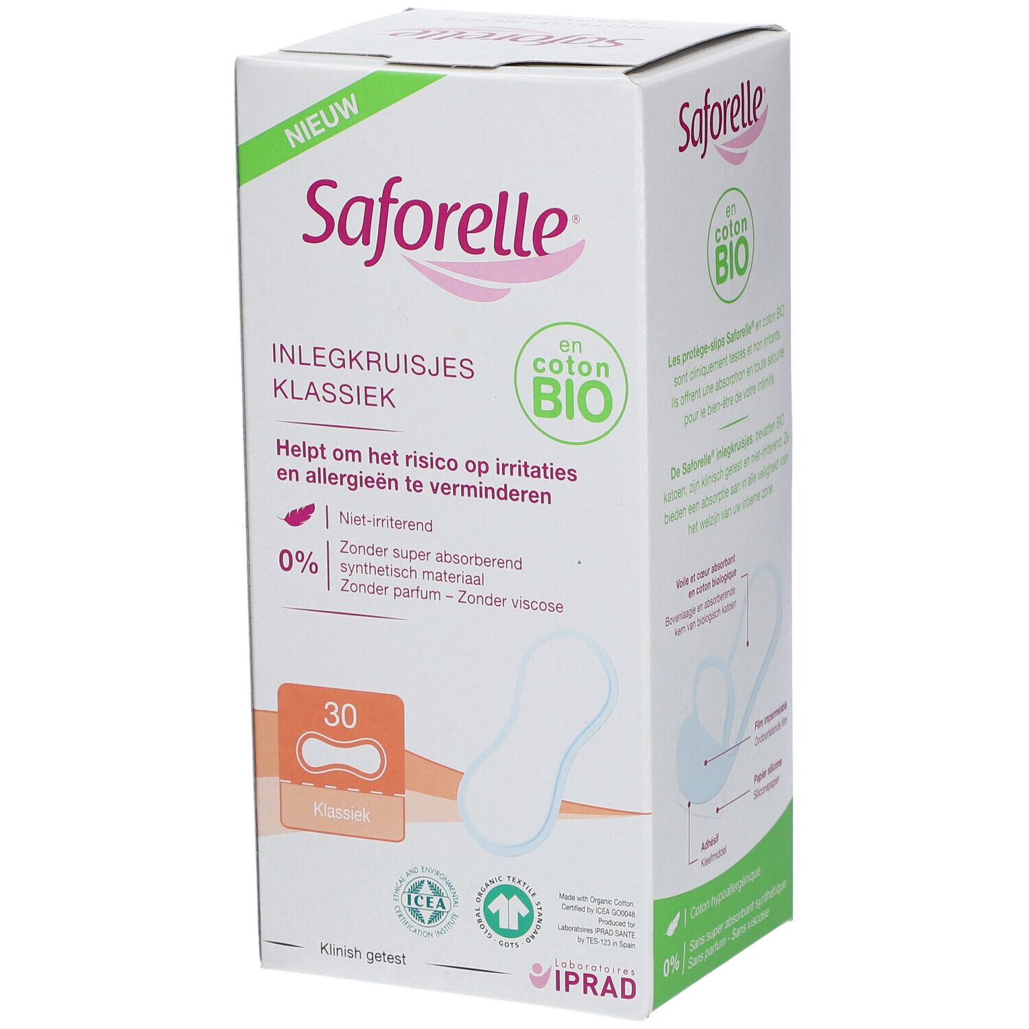 Boîte de Saforelle Inlegkruisjes Classiek. 30 unités. Coton bio. Réduit irritations et allergies.