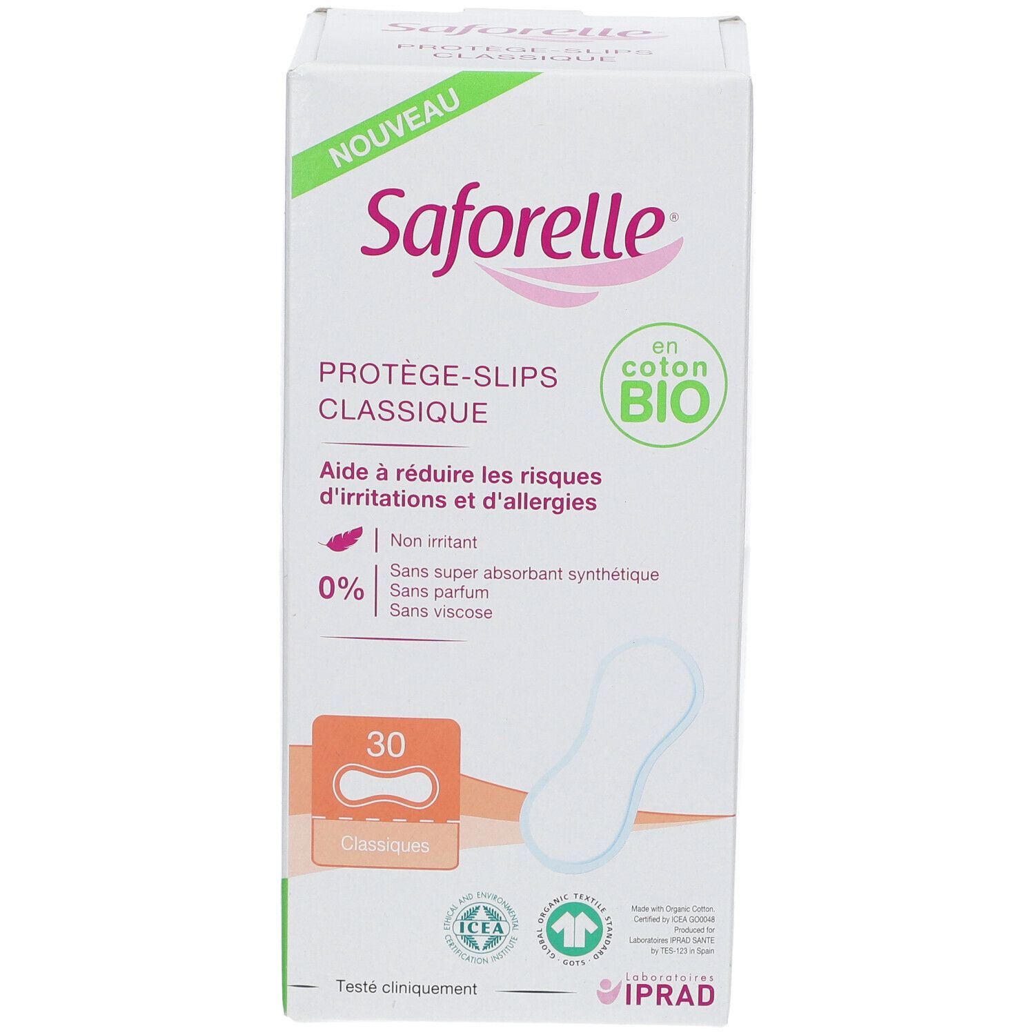 Boîte de Saforelle Protège-Slip Classique BIO. 30 unités. Coton bio. Aide à réduire irritations et allergies.