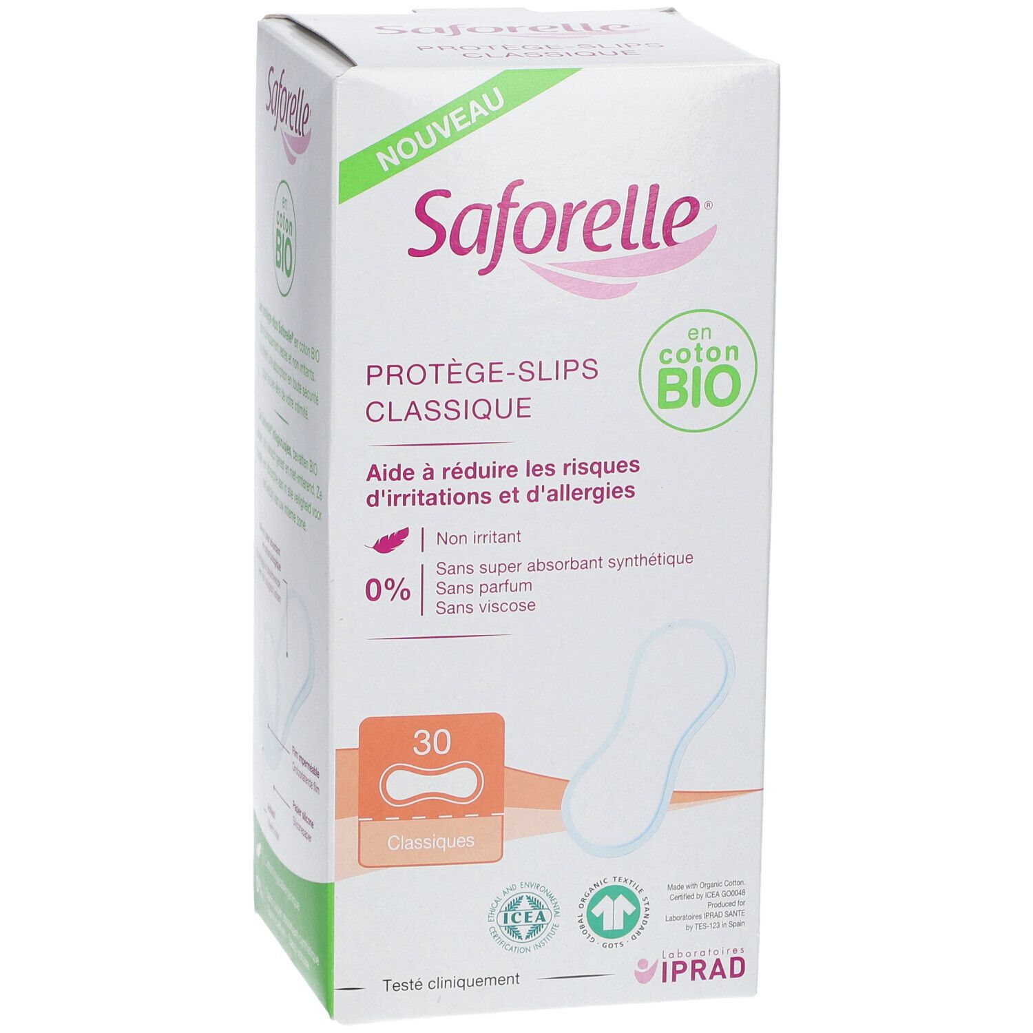 Boîte de Saforelle Protège-Slip Classique BIO. 30 unités. Coton bio. Aide à réduire irritations et allergies.