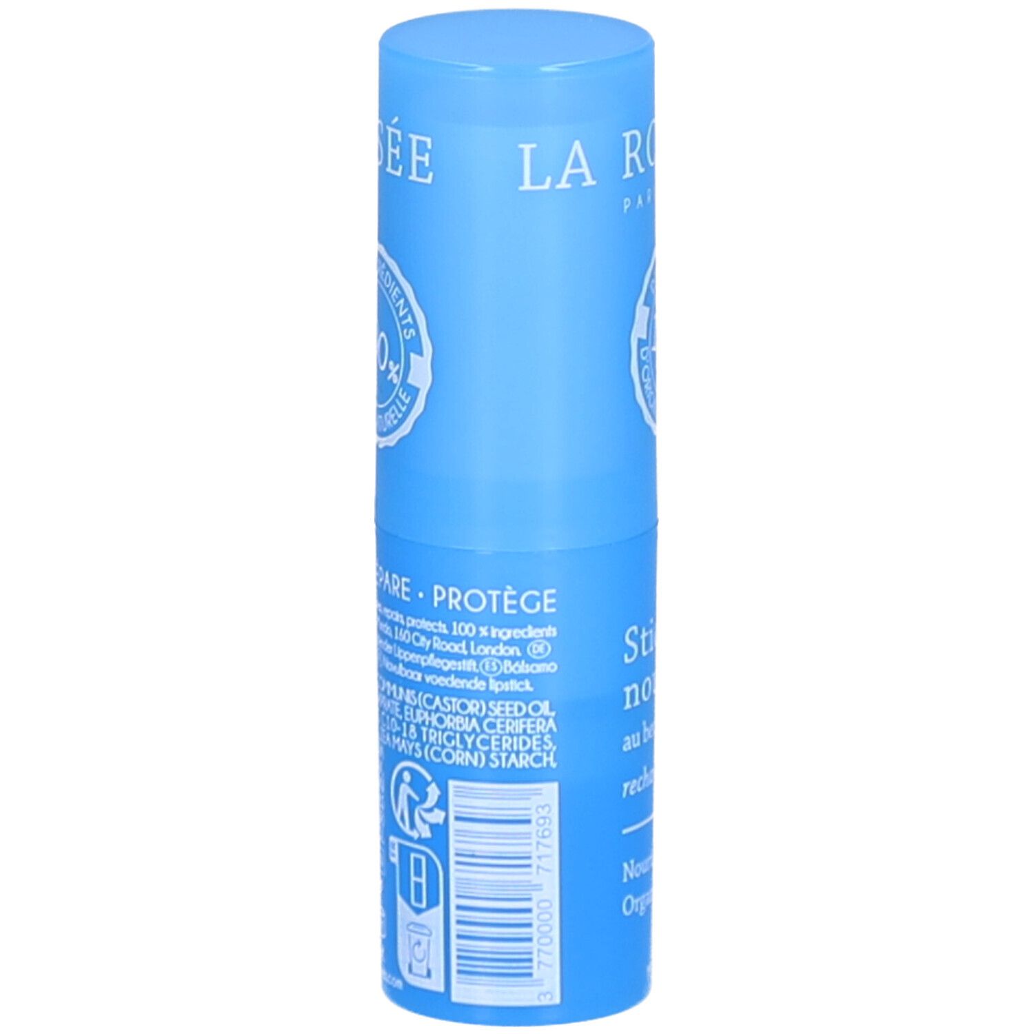 Blauwe lippenstift. Opschrift: LA ROSÉE, Stick lèvres nourrissant, 100% natuurlijke ingrediënten. Ingrediënten.
