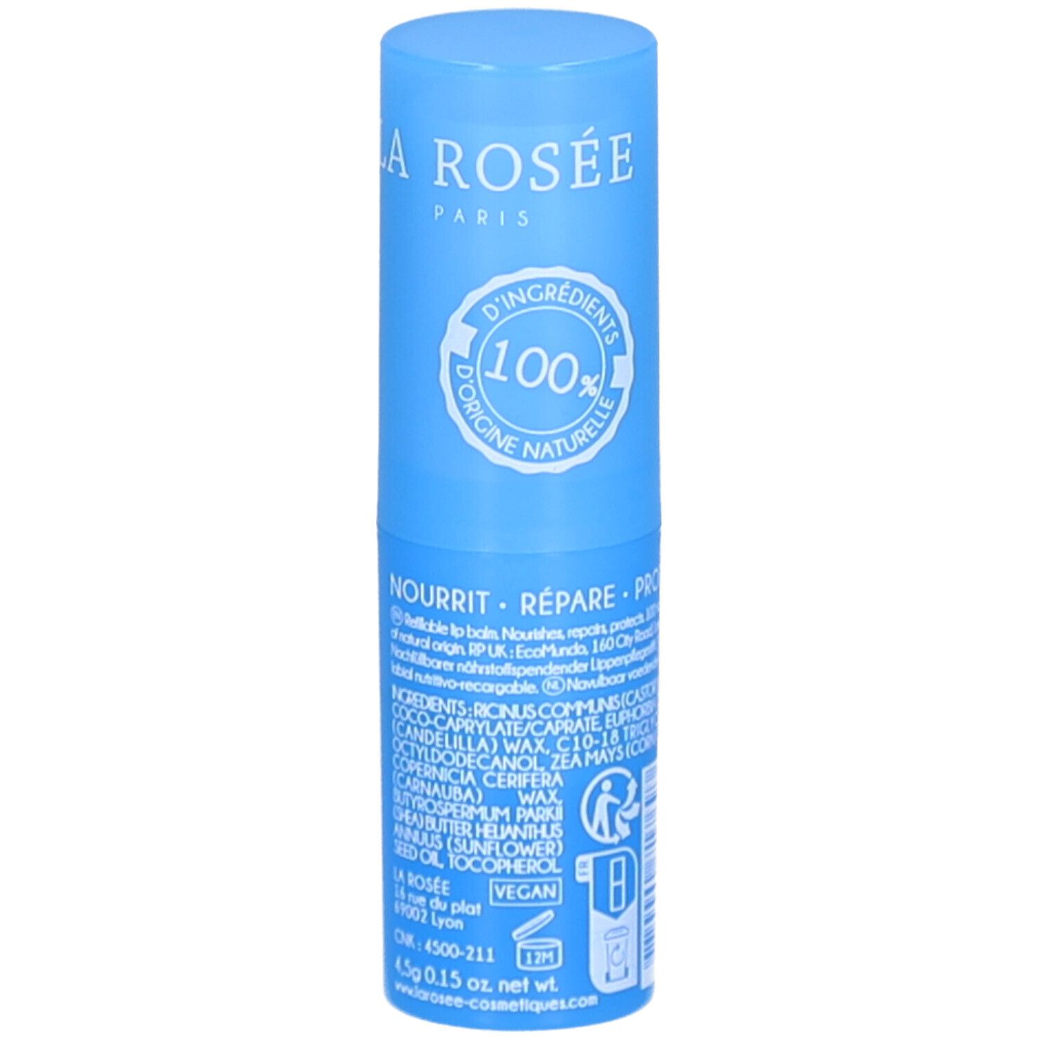 Blauwe lippenstift. Opschrift: LA ROSÉE, Stick lèvres nourrissant, 100% natuurlijke ingrediënten. Vegan.