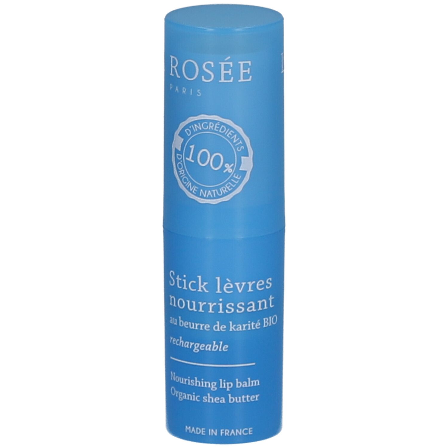 Blauwe lippenstift. Opschrift: LA ROSÉE, Stick lèvres nourrissant, 100% natuurlijke ingrediënten. 4,5g.