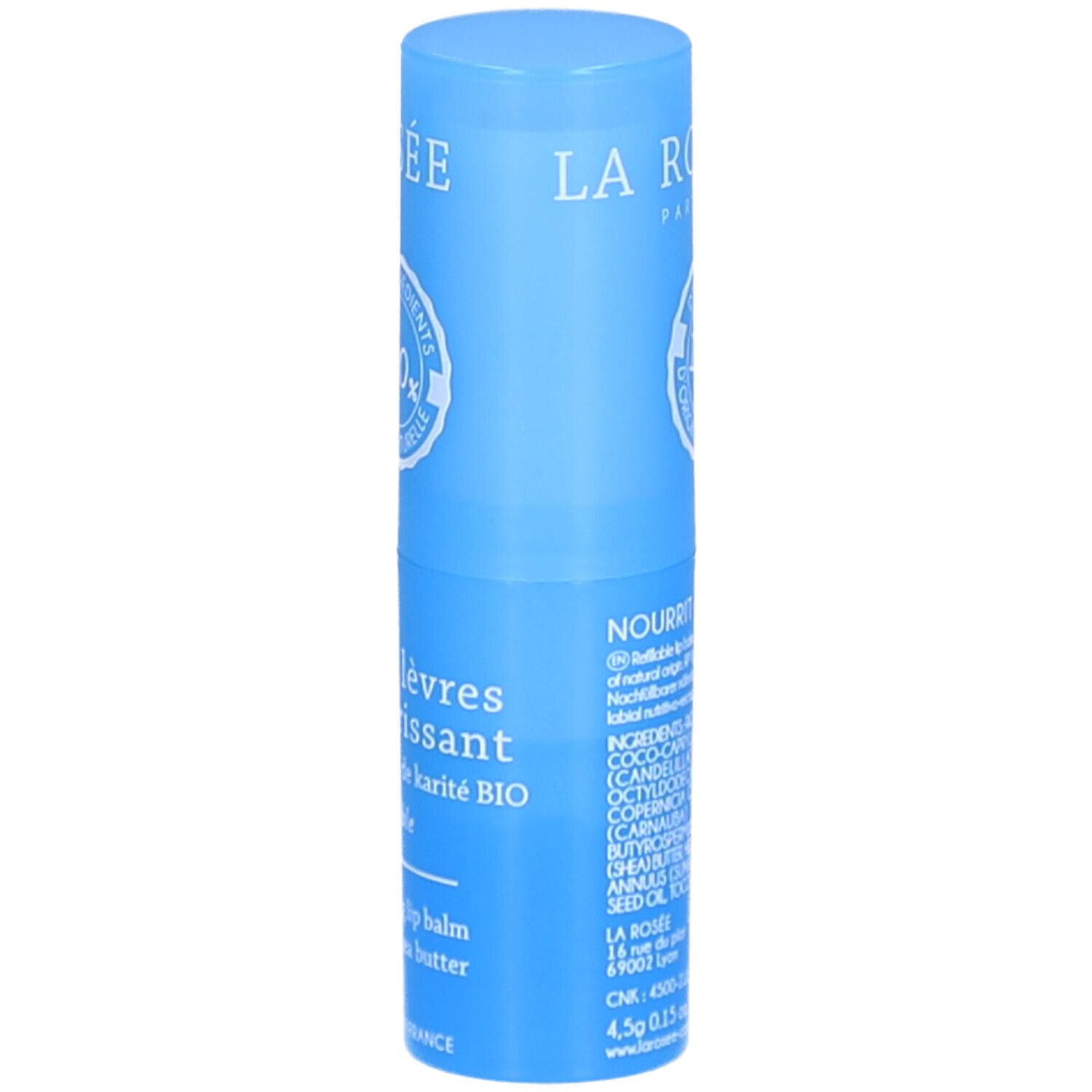 Blauwe lippenstift. Opschrift: LA ROSÉE, Stick lèvres nourrissant, 100% natuurlijke ingrediënten. Navulbaar.