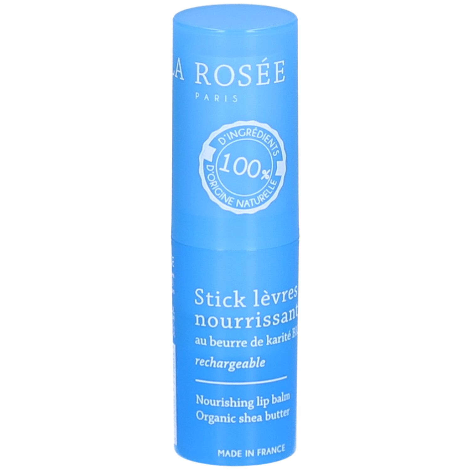 Blauwe lippenstift. Opschrift: LA ROSÉE, Stick lèvres nourrissant, 100% natuurlijke ingrediënten. Navulbaar.