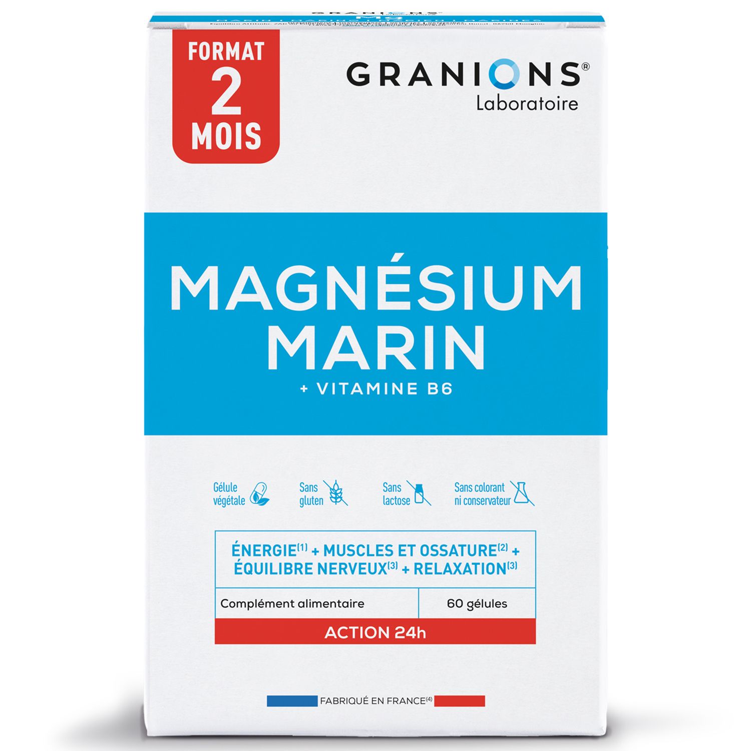 Doosje Granions Magnesium Marin, 60 capsules. Blauw-witte verpakking met productnaam en logo.