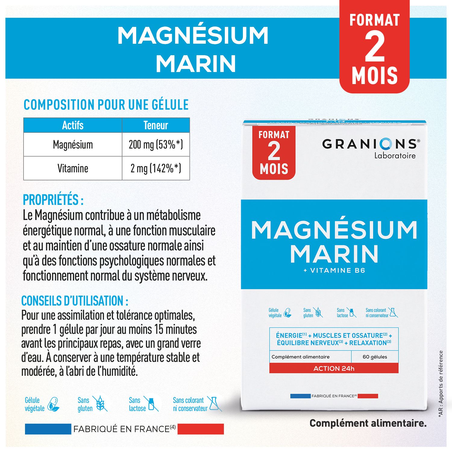 Productverpakking van Granions Magnesium Marin. Bevat informatie over ingrediënten en gebruik. 60 capsules.