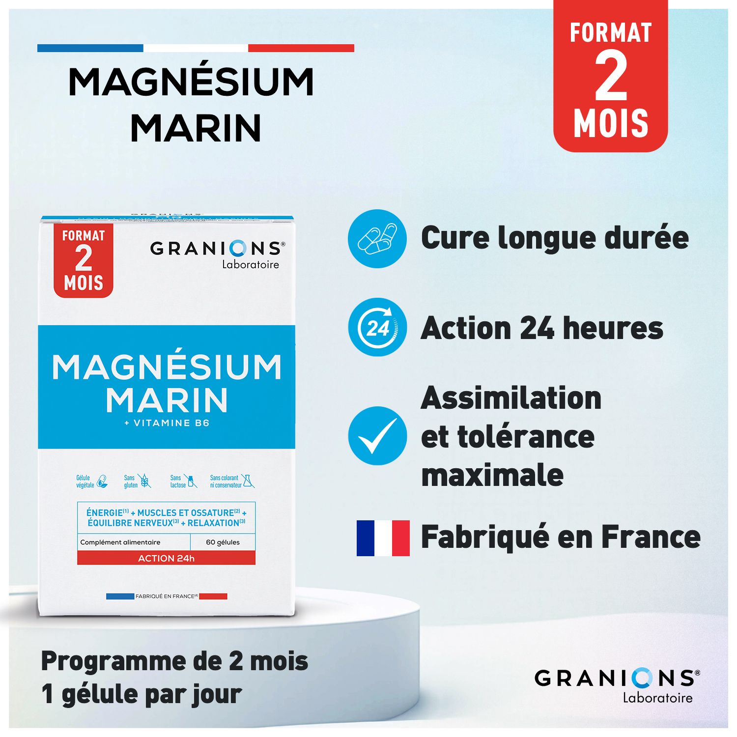 Productverpakking van Granions Magnesium Marin. Bevat informatie over ingrediënten en gebruik. 60 capsules.