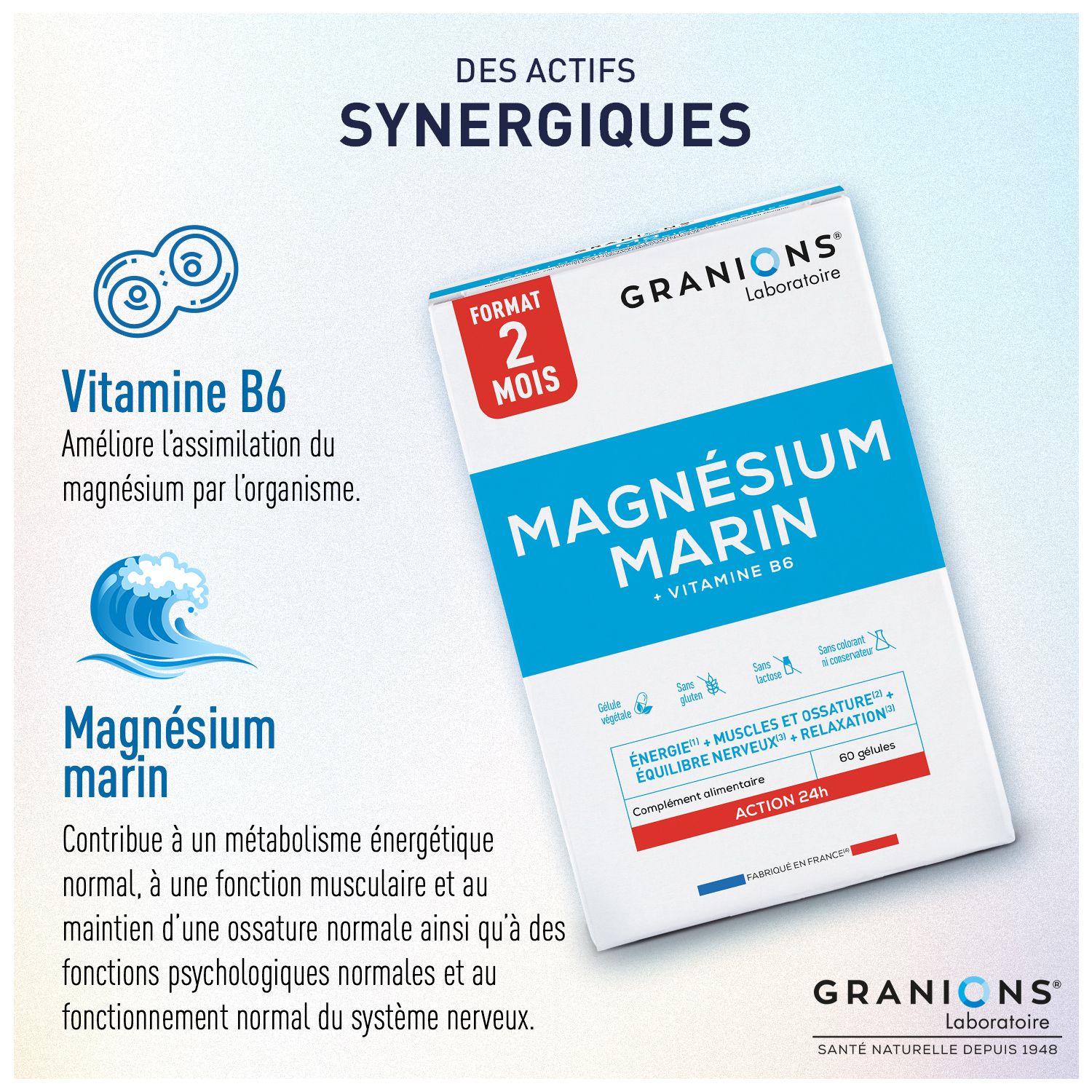 Productverpakking van Granions Magnesium Marin. Bevat informatie over ingrediënten en gebruik. 60 capsules.