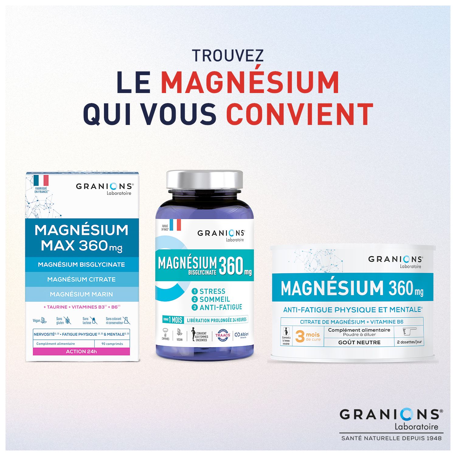 Drie Granions magnesiumproducten. Links: Max 360mg. Midden: Magnesium 360. Rechts: Magnesium 360, poeder.
