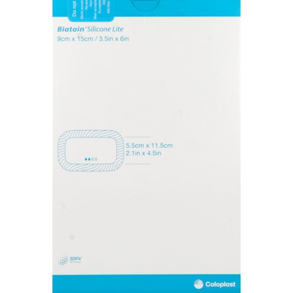 Emballage Biatain Silicone Lite, 9 cm x 15 cm. Indications de taille et logo visibles.