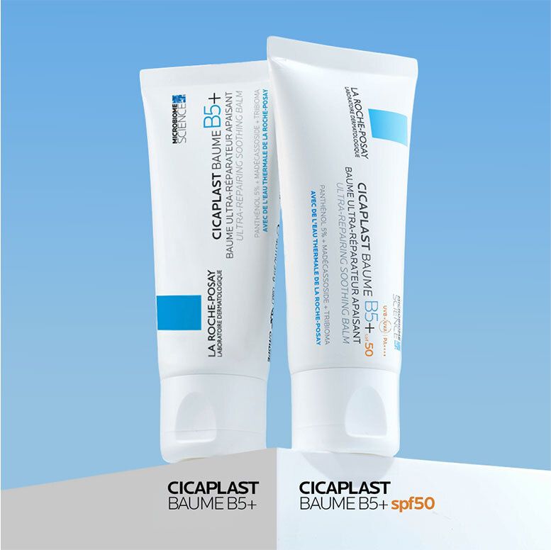 Twee La Roche Posay Cicaplast Baume B5+ en B5+ SPF50 tubes naast elkaar.