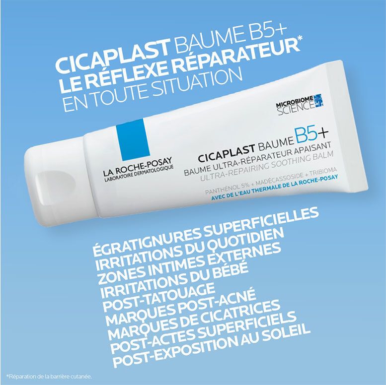 La Roche Posay Cicaplast Baume B5+ tube met tekst over onmiddellijke verlichting en herstel.
