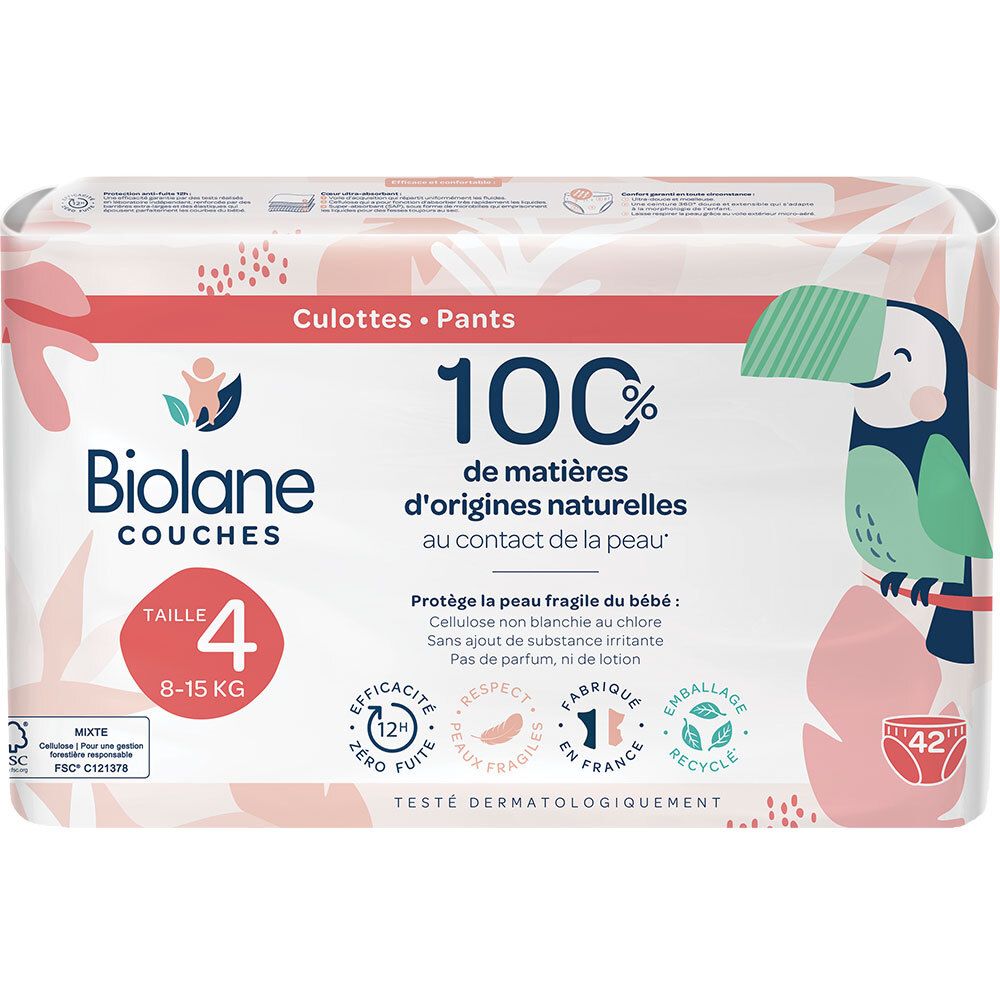 Biolane luiers Gr. 4, verpakking. 100% natuurlijke materialen. Maat 4, 8-15 kg. Met illustratie van een toekan.