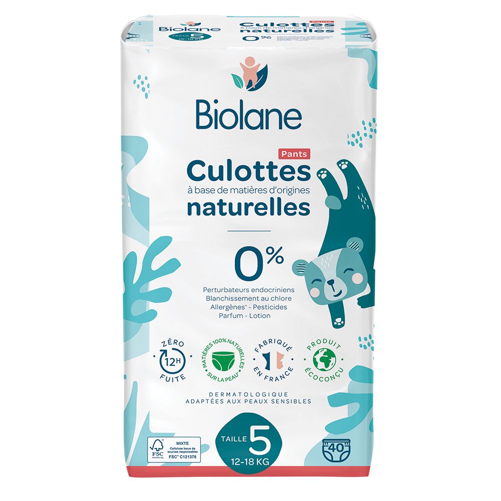 Biolane - Natuurlijke luiers Maat 5 - 12H - Ultra-Absorberend - Geen Lekkage - 40 Stuks