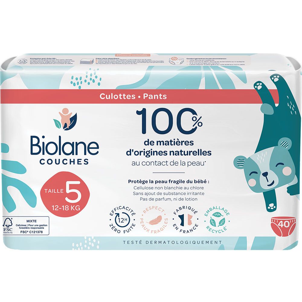 Couches culottes Biolane, Taille 5, emballage. 100% matières naturelles. Illustration d'ours. 12-18 kg. 40 pièces.