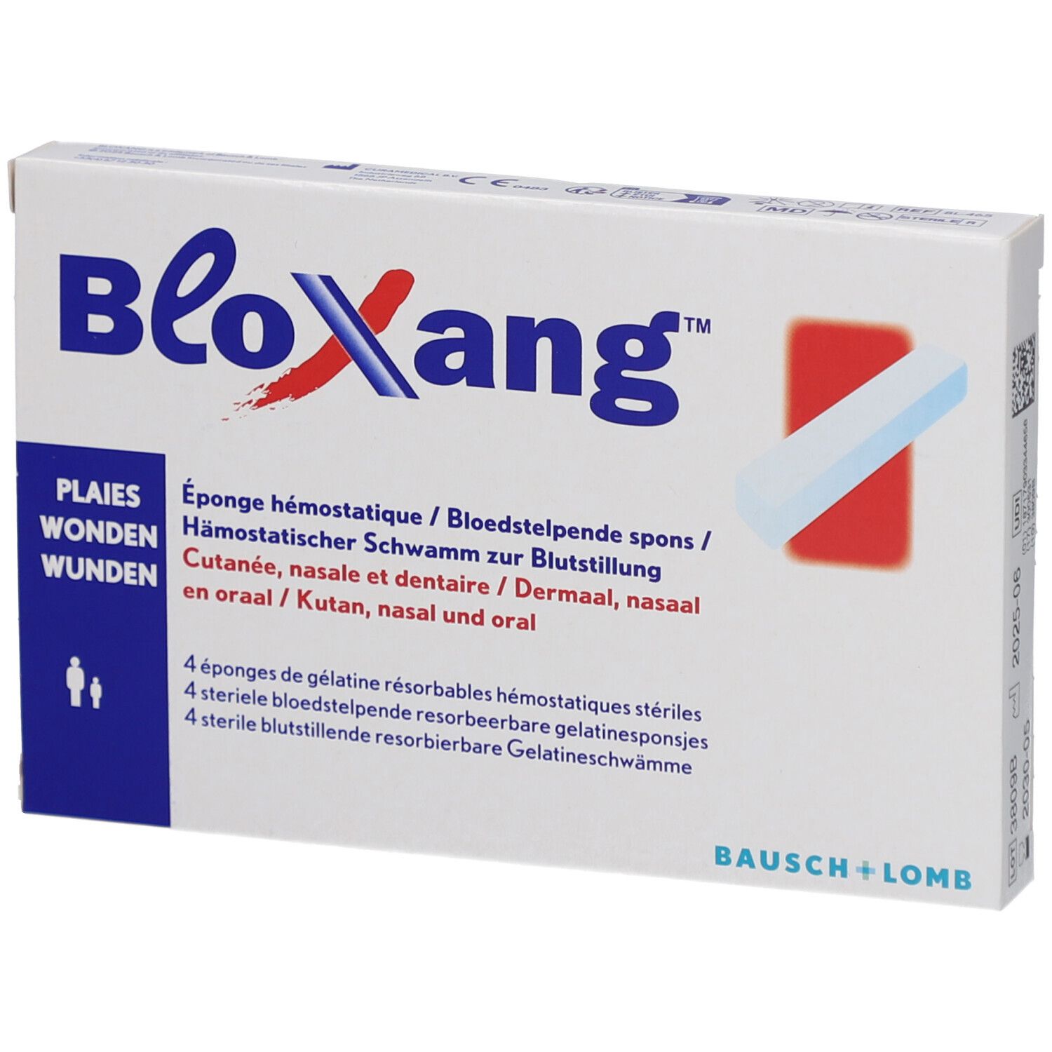 Verpakking van BLOXANG. Bevat 4 steriele, resorbeerbare gelatinesponzen. Merk en productnaam duidelijk zichtbaar.