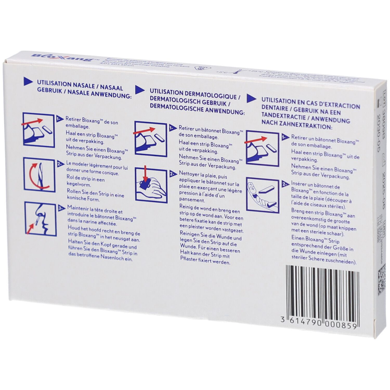 Achterkant van de BLOXANG-verpakking. Illustraties voor gebruik bij neusbloedingen, dermatologisch en tandheelkundig gebruik.