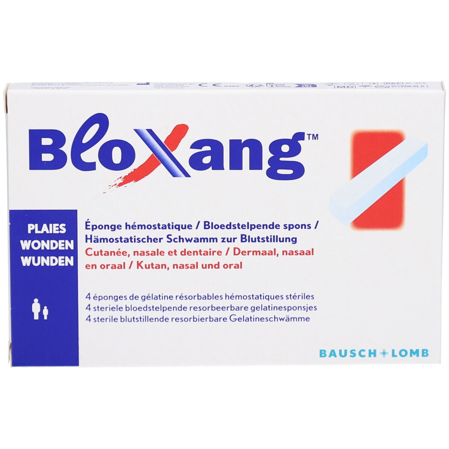 Verpakking van BLOXANG. Bevat 4 steriele, resorbeerbare gelatinesponzen. Merk en productnaam duidelijk zichtbaar.