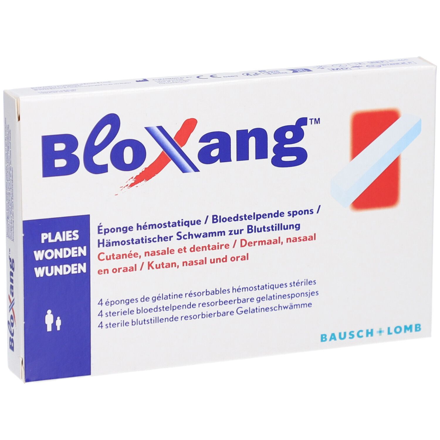 Verpakking van BLOXANG. Bevat 4 steriele, resorbeerbare gelatinesponzen. Merk en productnaam duidelijk zichtbaar.
