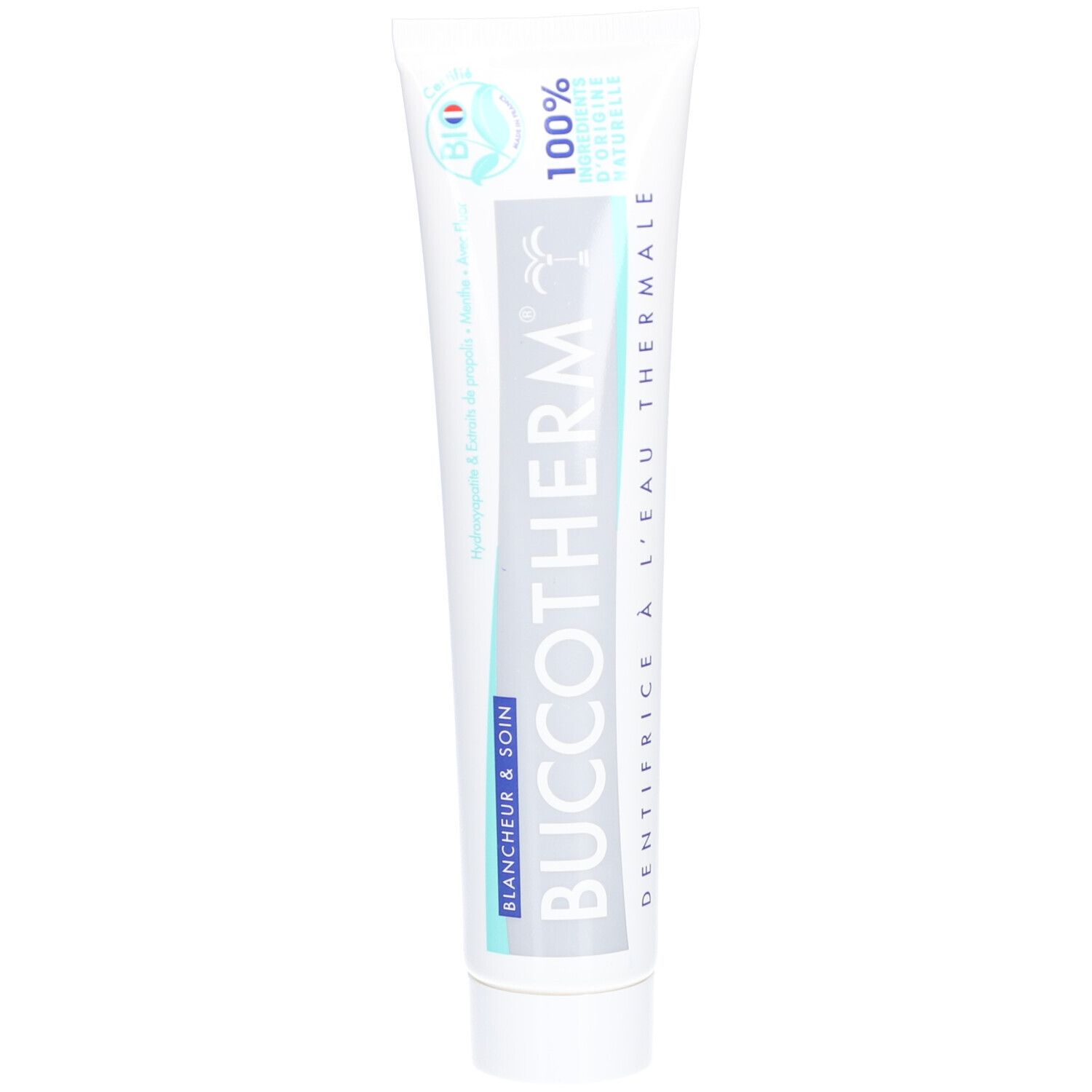 Witte tandpastatube. Tekst: Buccotherm, Blancheur & Soin, Dentifrice à l'Eau Thermale. 100% natuurlijke ingrediënten.