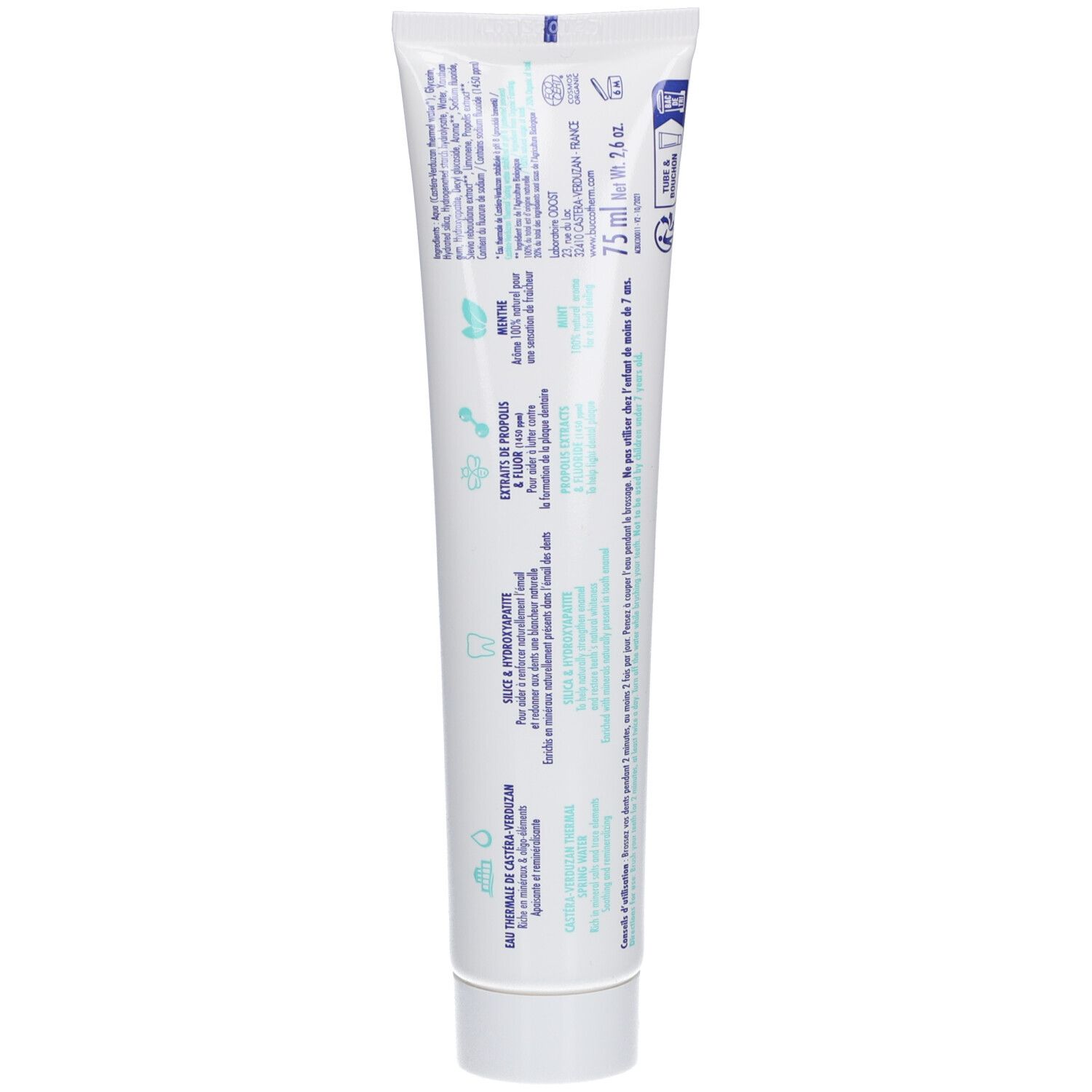 Achterkant witte tandpastatube. Tekst en symbolen. 75 ml. Bio-certificering.