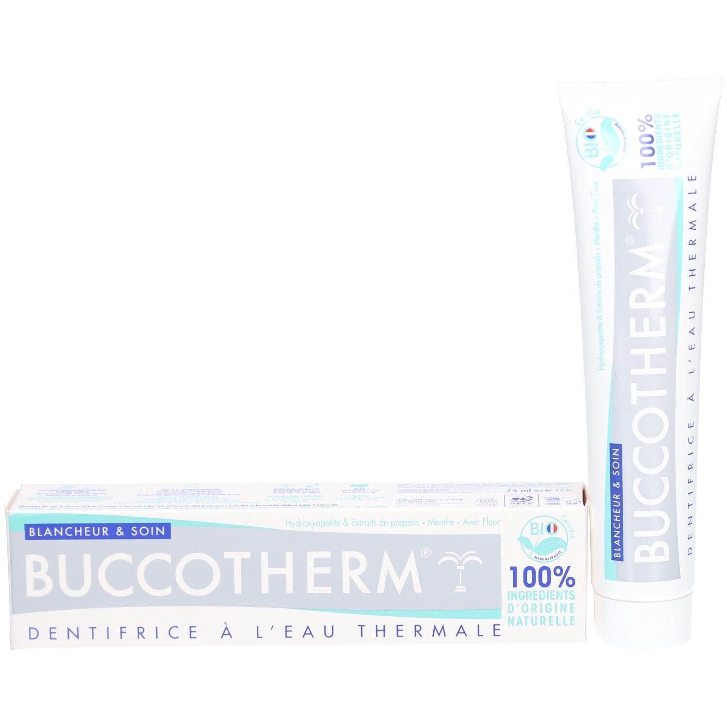 Tandpasta tube en doos. Op de doos: Buccotherm, Blancheur & Soin, Dentifrice à l'Eau Thermale. Bio-certificering.