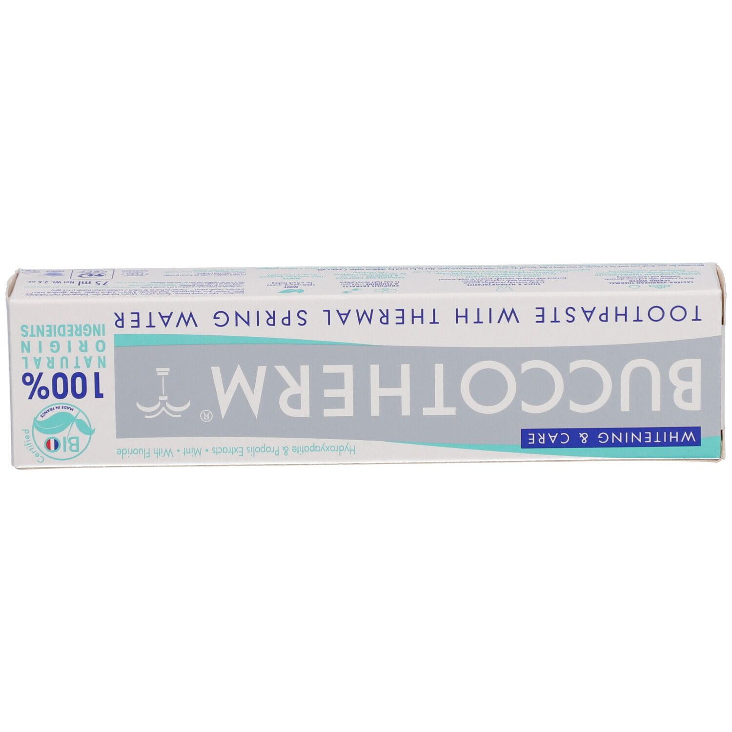 Bovenzijde tandpasta doos. Tekst: Buccotherm, Whitening & Care, met thermaal water. Bio-certificering.