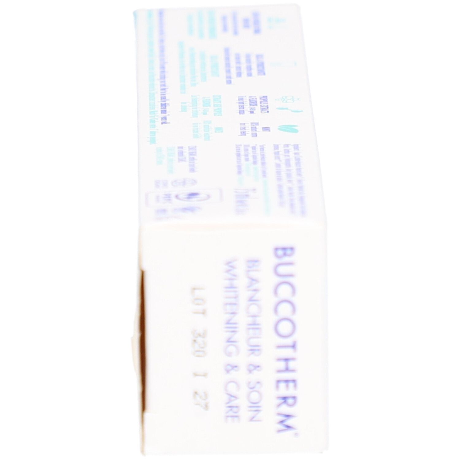 Zijkant tandpasta doos. Tekst: Buccotherm, Whitening & Care, Blancheur & Soin.