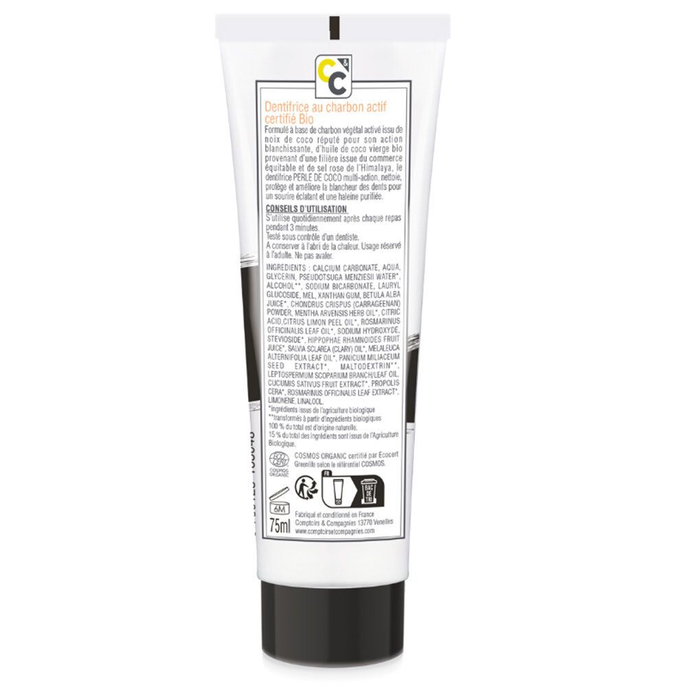 Achterkant van de tandpastatube met ingrediënten en gebruiksaanwijzing. Bio-certificering en volume-aanduiding.