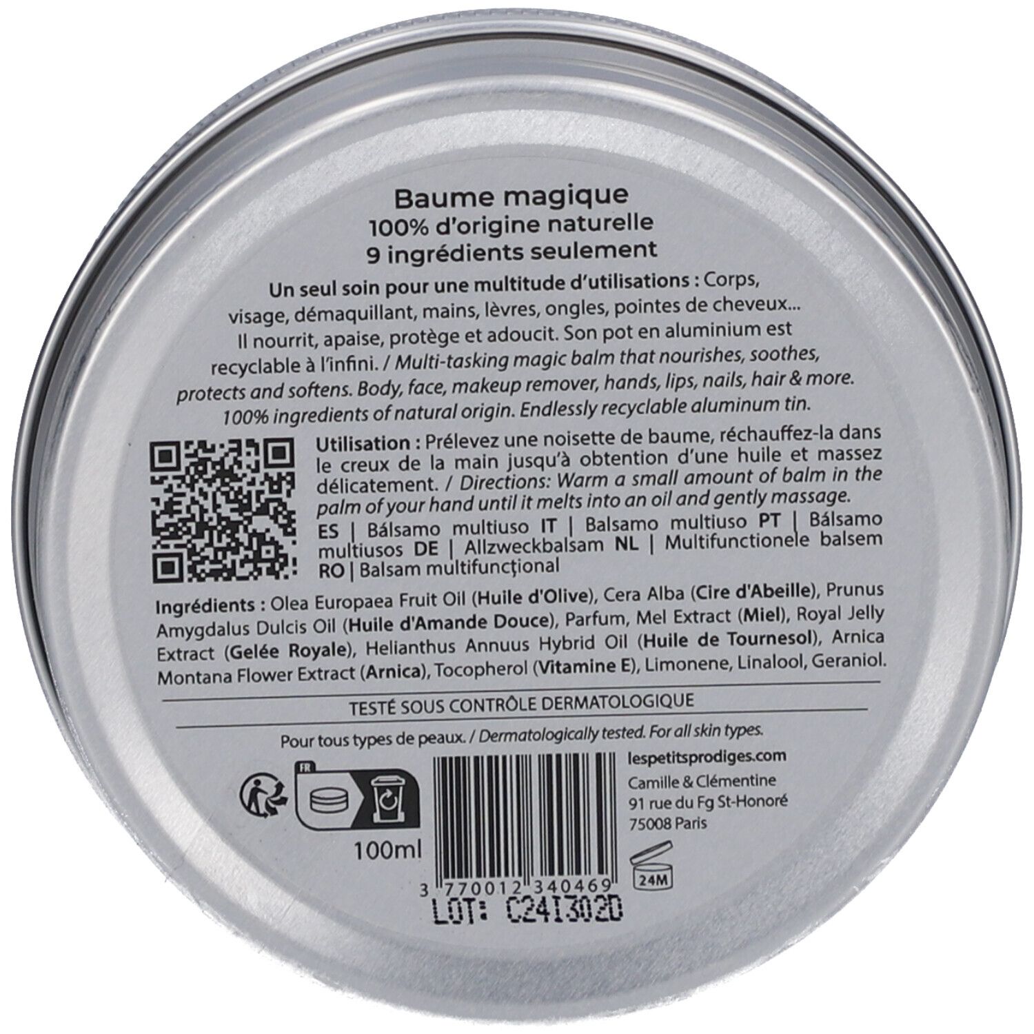 Achterkant van de doos. Tekst: Baume magique, 100% d'origine naturelle, 9 ingrédients essentiels. QR-code. 100ml. Dermatologisch getest.