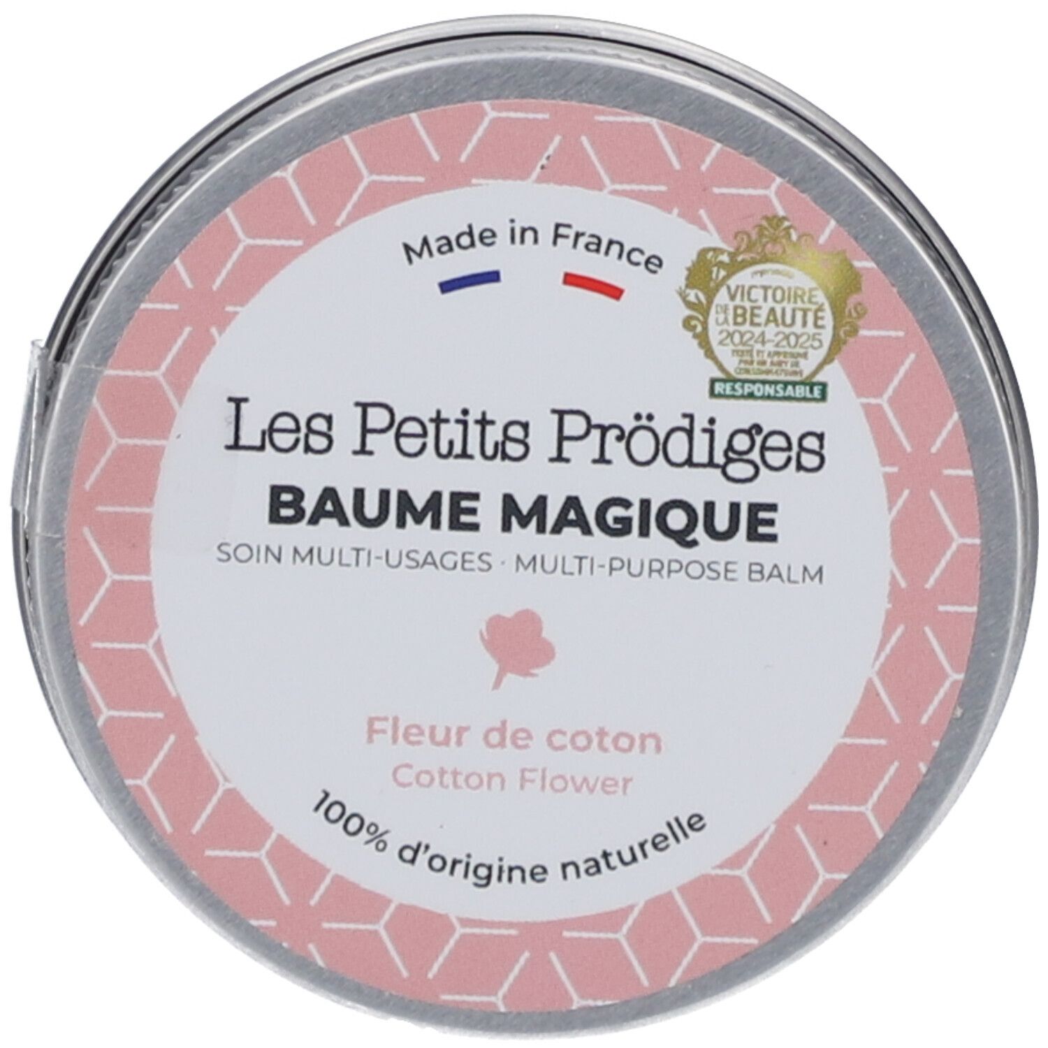 Boîte ronde avec étiquette rose. Texte: Les Petits Prodiges, Baume Magique, Fleur de coton. Label Victoire Beauté.