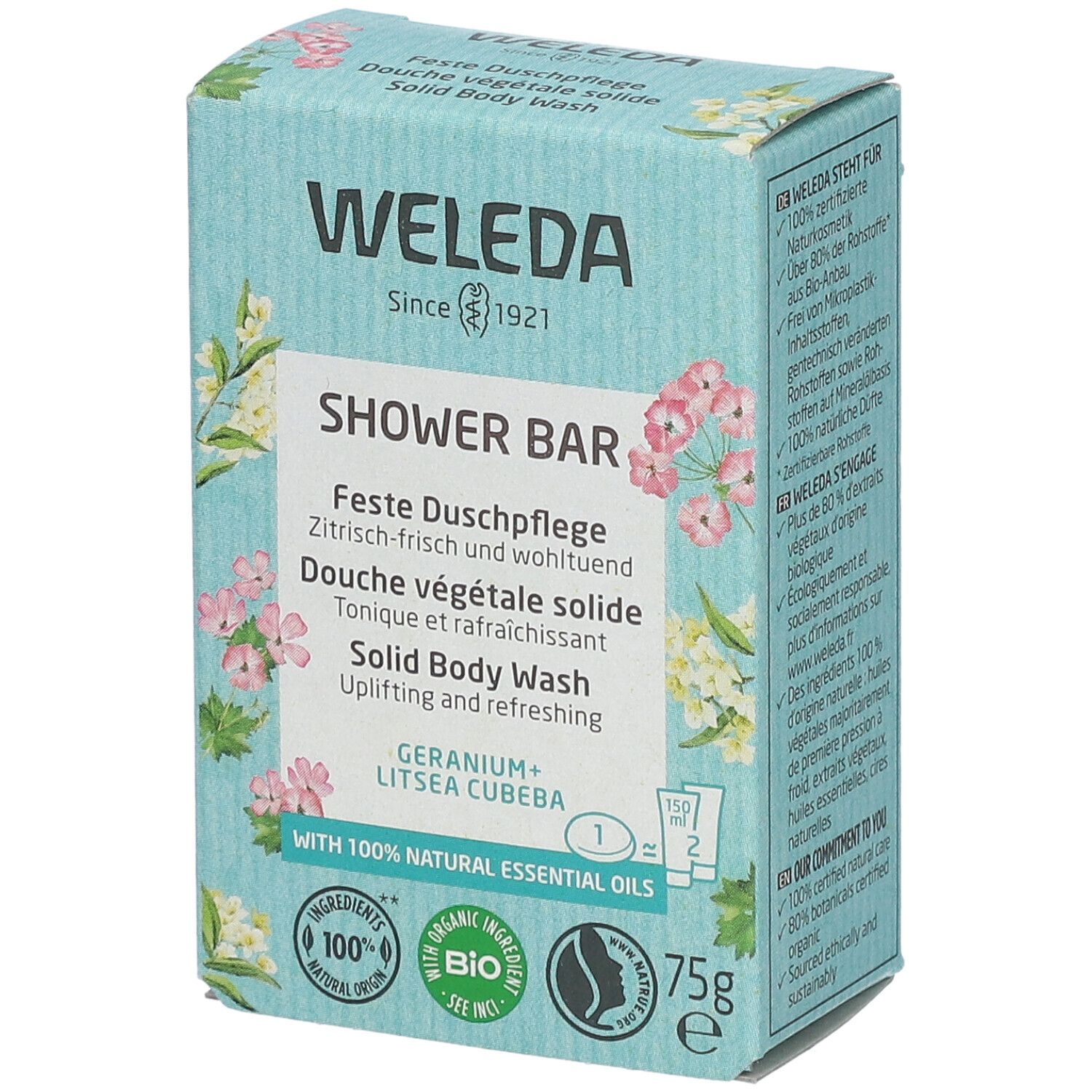 WELEDA-doos. Opschrift: SHOWER BAR, Douche végétale solide, Geranium + Litsea Cubeba. Met bio-label en 100% natuurlijke ingrediënten.
