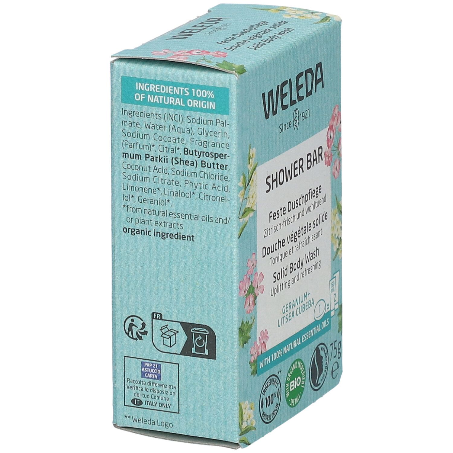 WELEDA-doos. Opschrift: SHOWER BAR, Douche végétale solide. Ingrediënten en bio-label zichtbaar. Vierkante vorm.