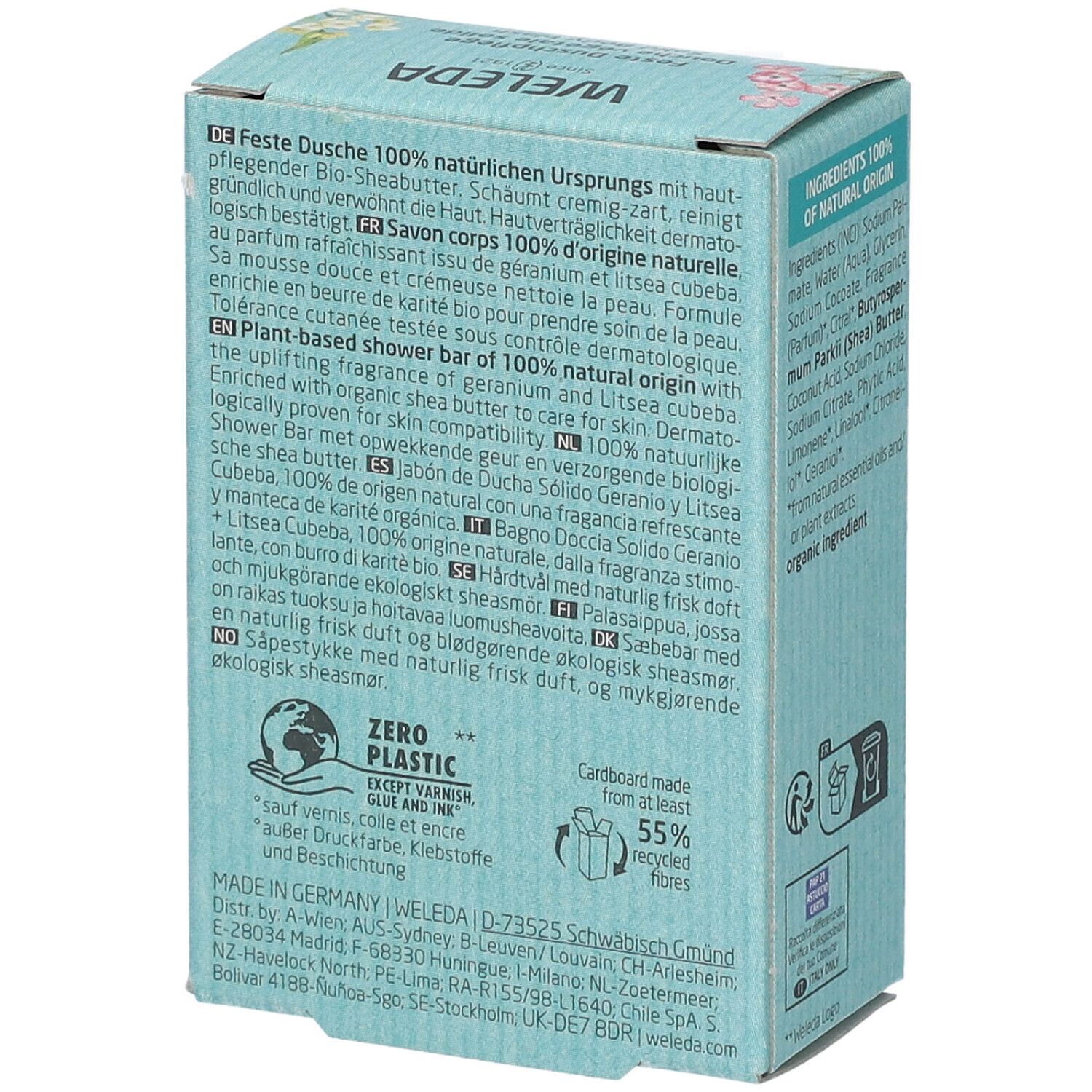Achterkant WELEDA-verpakking. Tekst: 100% natuurlijke oorsprong. Bio-label en info over ingrediënten. Karton van 55% gerecycled materiaal.