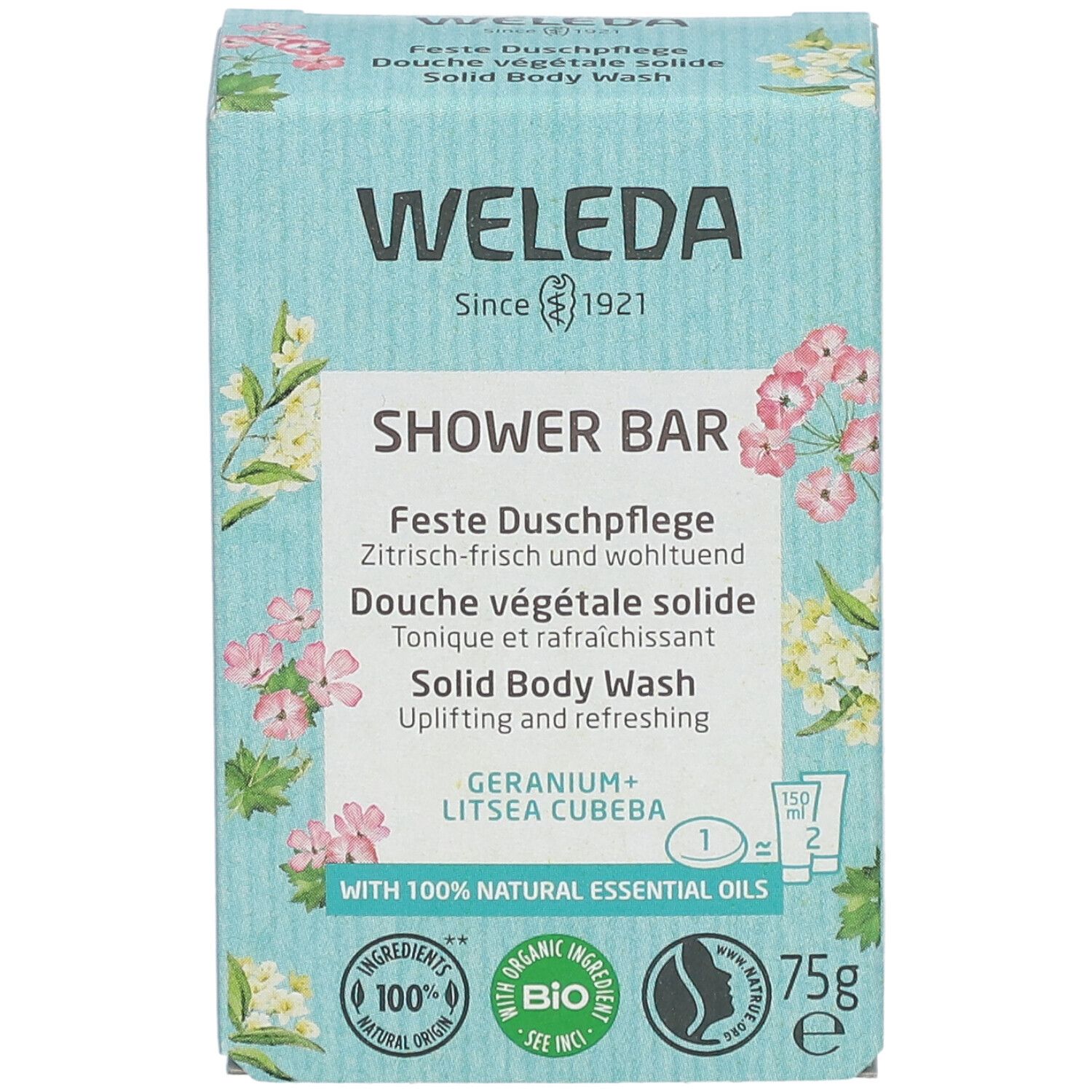 WELEDA-doos. Opschrift: SHOWER BAR, Douche végétale solide, Geranium + Litsea Cubeba. Met bio-label en 100% natuurlijke ingrediënten.