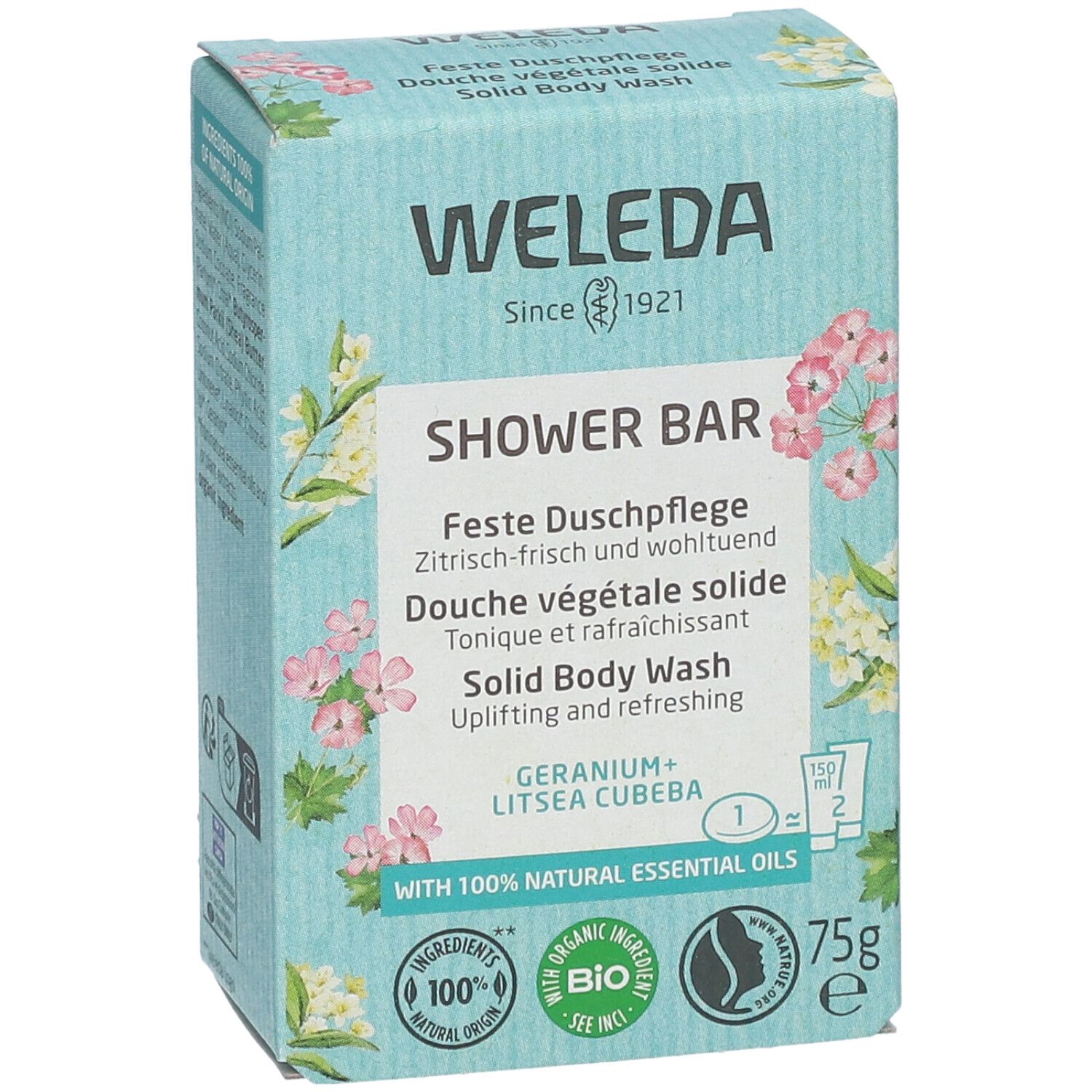 WELEDA-doos. Opschrift: SHOWER BAR, Douche végétale solide, Geranium + Litsea Cubeba. Met bio-label en 100% natuurlijke ingrediënten.