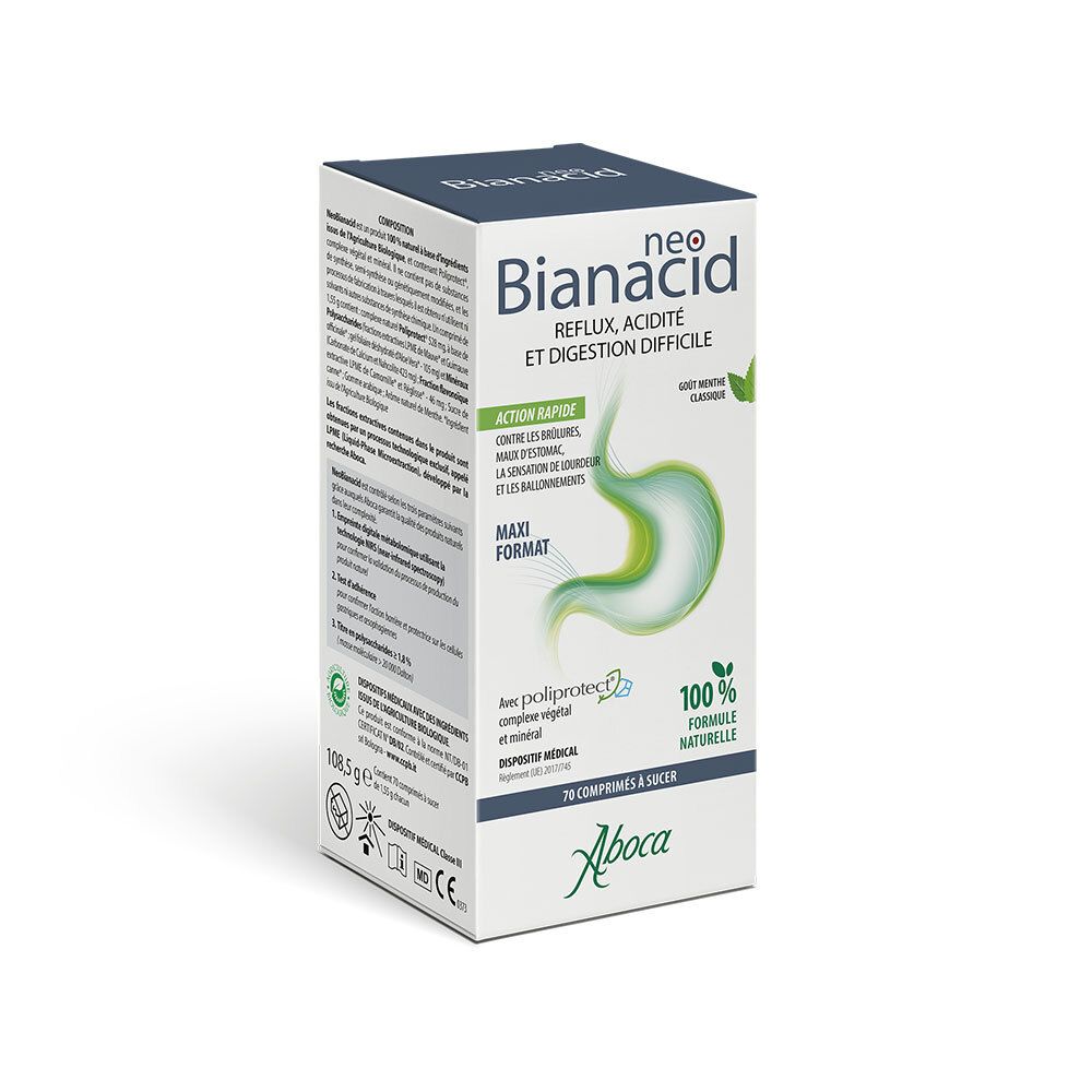 Doos neo Bianacid. Opschrift: Reflux, Acidité et Digestion difficile. Met 70 tabletten. Aboca.