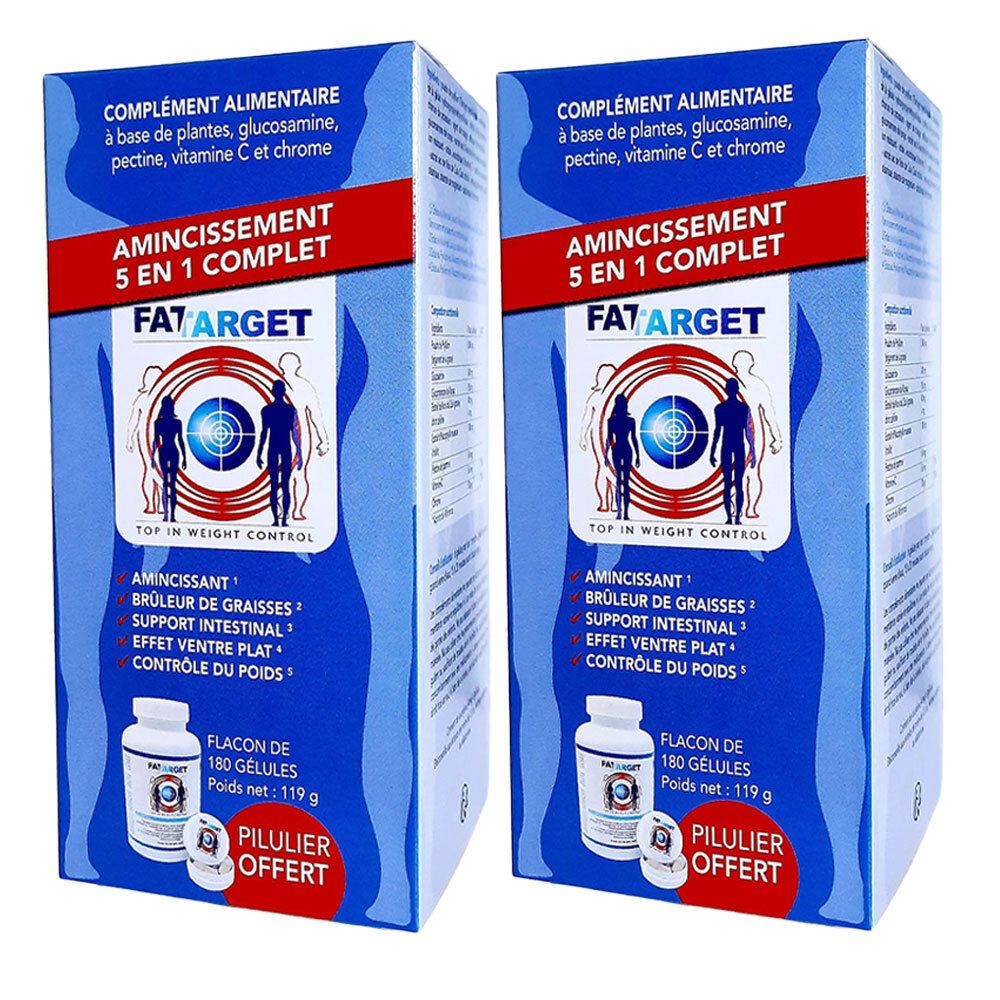 Deux boîtes "FAT TARGET". Texte: "Amincissement 5 en 1 complet". Contient flacons et gélules. Accents bleus et rouges.