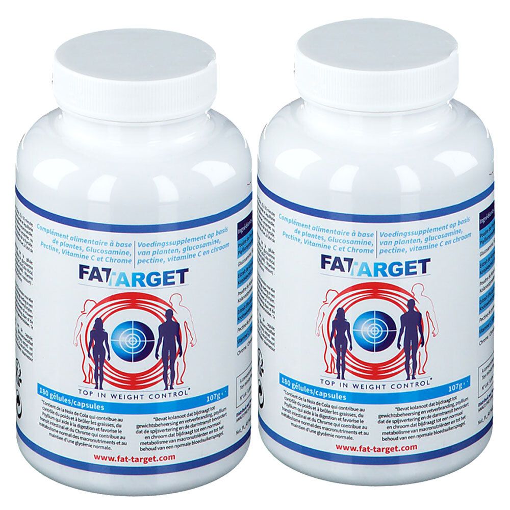 Deux flacons blancs avec logo "FAT TARGET". Texte: "180 gélules/capsules". Contient des gélules. Accent bleu et rouge.