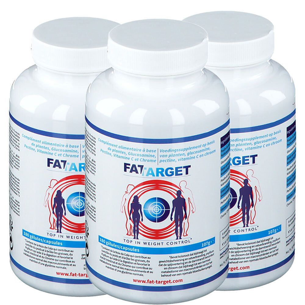 Trois flacons blancs "FAT TARGET". Inscription "180 gélules/capsules".