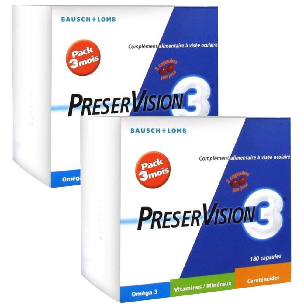 Deux boîtes de Bausch + Lomb PreserVision C3. Emballage blanc avec accent bleu. Contient 180 capsules. Pack de 3 mois.
