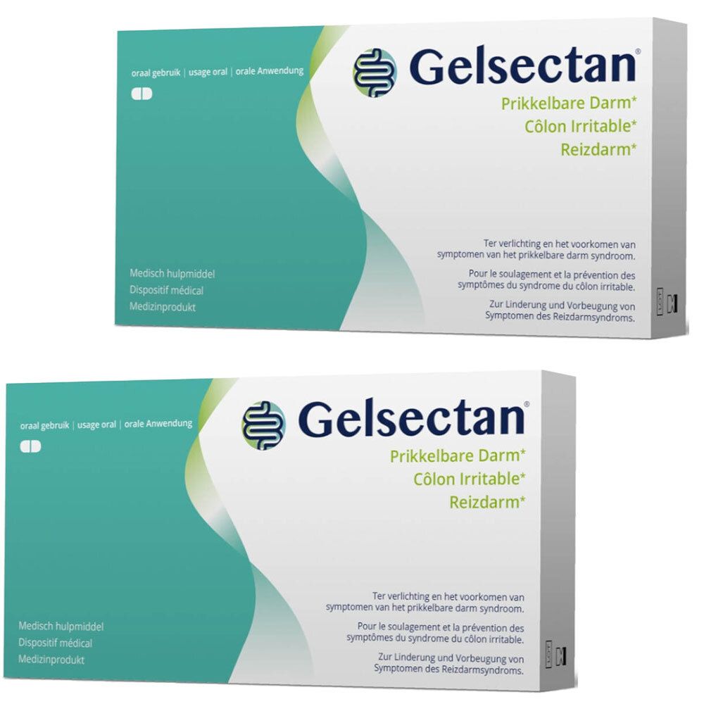 Deux boîtes blanches Gelsectan. Inscriptions : Prikkelbare Darm, Côlon Irritable, Reizdarm. Dispositif médical.