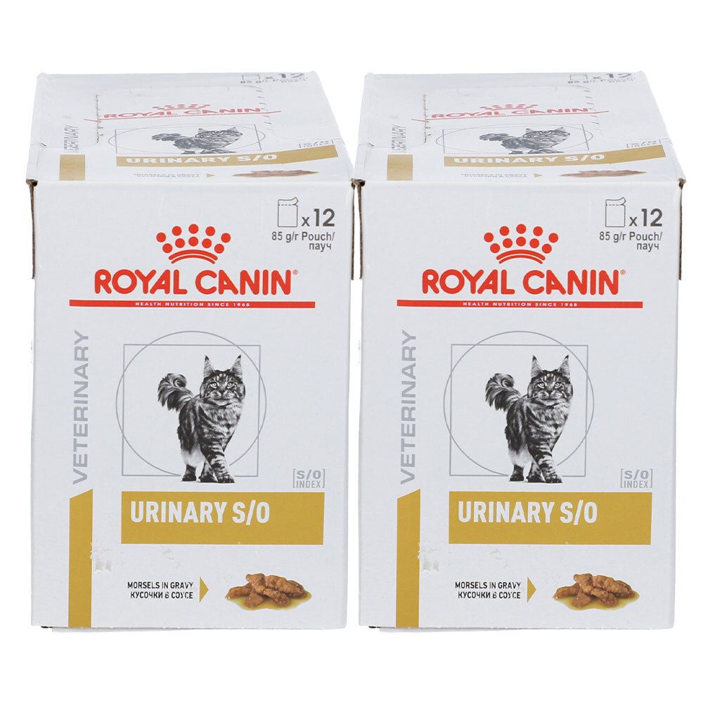 Twee dozen ROYAL CANIN Urinary S/O. Opdruk: kat, tekst, 12 zakjes, 85 g per zakje. Veterinair voer.